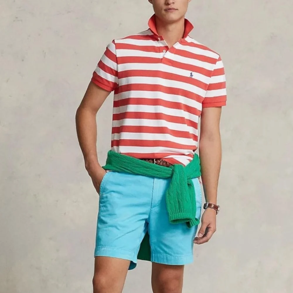 Polo Ralph Lauren Men Classic Fit Red & White Bold Striped Mesh Polo Shi…